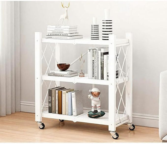 4-Tire Storage Rack, 28*13*34.5in Foldable Metal Garage Storage Shelves Organizer, Portable Metal Kitchen Shelving, Closet Shelving Unit Bakers Rack Microwave Stand, White(Tiered Shelf-3)