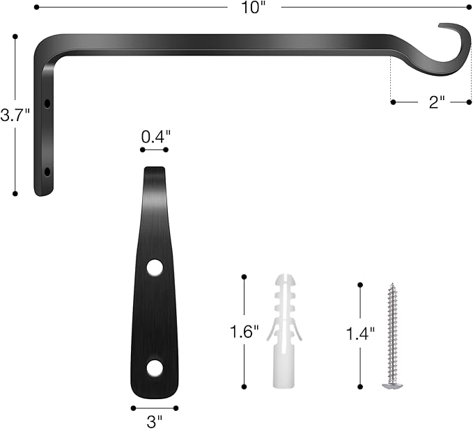 Worth Garden 6-Pack 10" Plant Hanger Bracket - Forged Wrought Iron Powder-Coated Heavy Duty Wall Hook - Black Plant Hanging Hooks - Durable and Stable for Bird Feeders, Planters Indoor & Outdoor
