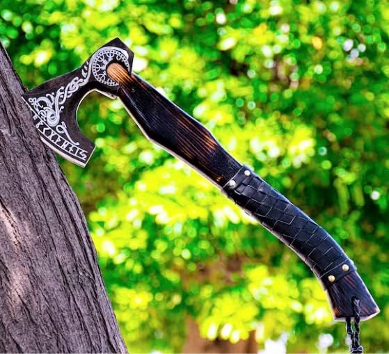 SHINY CRAFTS-Axes Handmade Viking Axe Hatchet Norse Battle Axe-Valhalla Runic Axe, Carbon Steel Viking Axe Head, Engraved Handle, Wolf Camp Axe, Genuine Leather Sheath & Wrap (VBA 06)