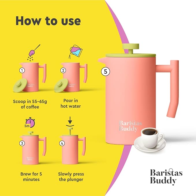 Cute Pink French Press Coffee Maker - Colorful, Retro And Stylish Insulated Coffee Brewer - Large Size Brews 4 Cups