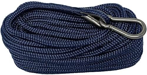 RainierSupplyCo Boat Anchor Rope - Double Braided Marine Rope Anchor Line - 50 ft x 1/4 Inch Nylon Boating Line with 316 Stainless Steel Thimble and Heavy Duty Marine Grade Snap Hook - Navy Blue