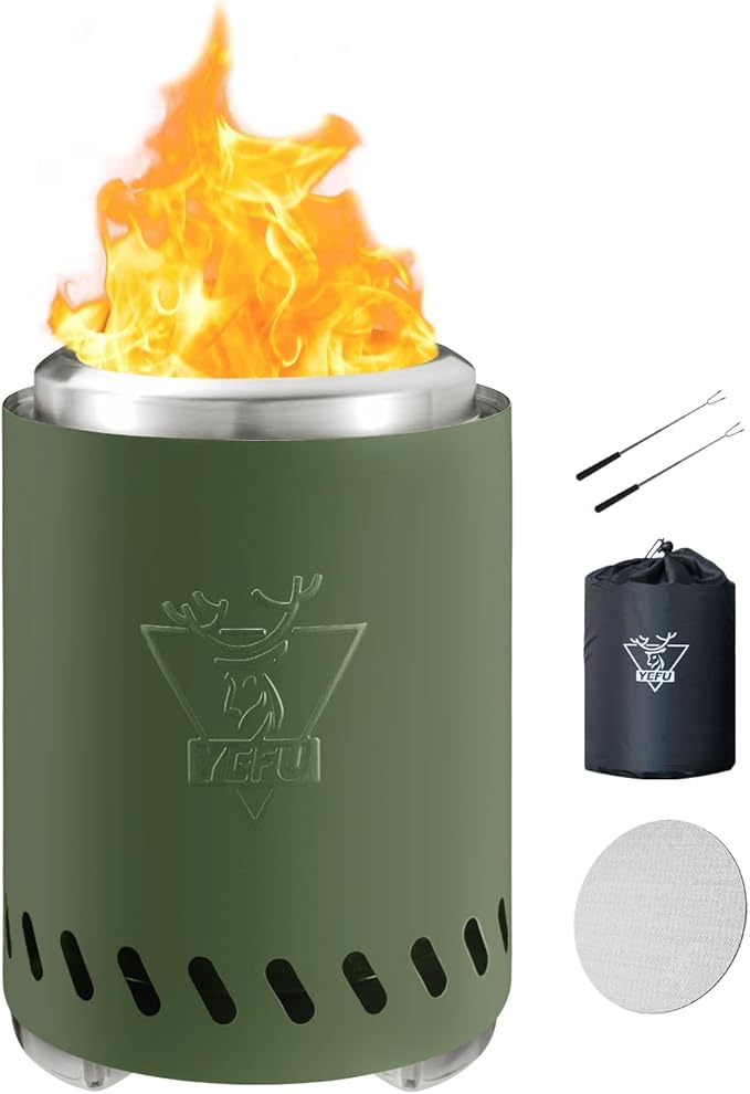 YEFU Tabletop Fire Pit 9.7 x 7.1 in, Low Smoke Camping Stove for Outdoor & Patio, Fueled by Pellets or Wood, Safe Burning Table Top Firepit, with Travel Bag & 2 Mini Sticks & Fireproof Mat, Green