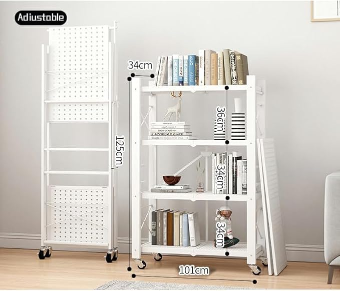 4-Tire Storage Rack, Height Adjustable, 40 * 13 * 50in Foldable Metal Garage Storage Shelves Organizer, Portable Metal Kitchen Shelving, Closet Shelving Unit Bakers Rack (White 4 Shelfs)