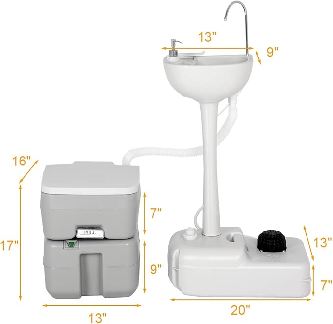 Giantex Outdoor Wash Sink and Potable Toilet Set 4.5 Gallon Sink & 5.3 Gallon Toilet, Flush Wastewater Recycled W/Tower Holder, Level Indicator, 3 Way Flush for Camping Portable Sink and RV Toilet