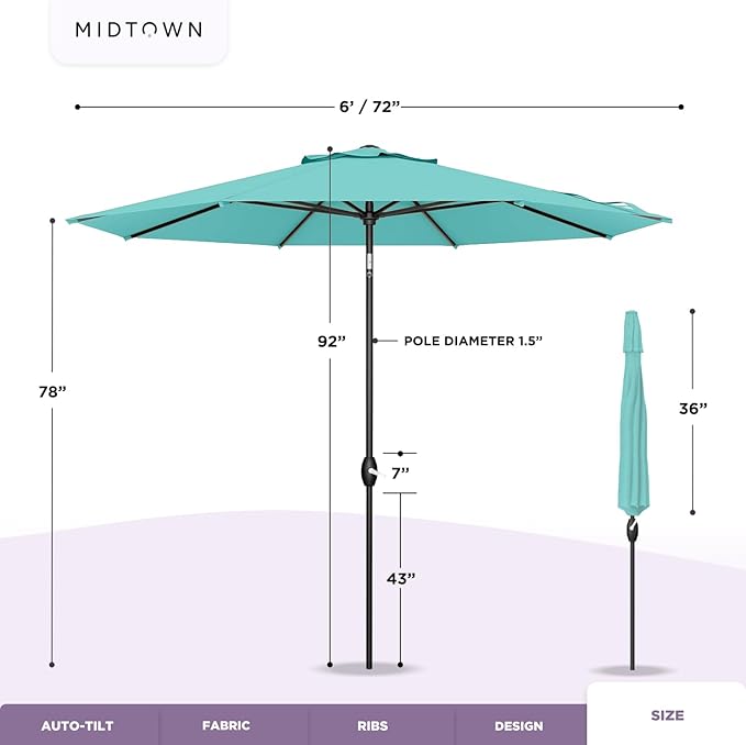 Midtown Umbrellas 10-Year-No-Fade - 6 Ft - UV Proof Black Polyester Fabric - Umbrella Outdoor Patio, Auto-Tilt Aluminum Frame Large Patio Umbrella for Garden, Pool & Deck - Black Pole