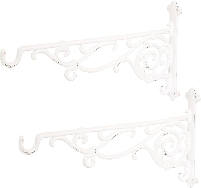 Sungmor Cast Iron Hanging Plant Bracket, 16.5" Large Outdoor Wall Plant Hangers, 2pcs White Heavy Duty Hanging Basket Hooks, Decorative Hooks for Flower Pot, Lantern, Wind Chime, Hummingbird Feeder