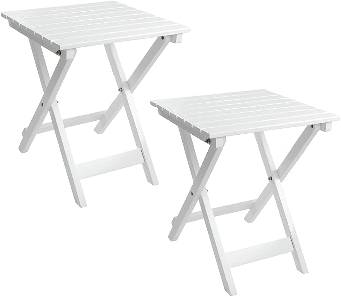 Outdoor Patio Side Table Set of 2 Small Wood End Square Table Folding Coffee Furniture for Living Room, Bedroom, Plant Stand, Camping Portable White