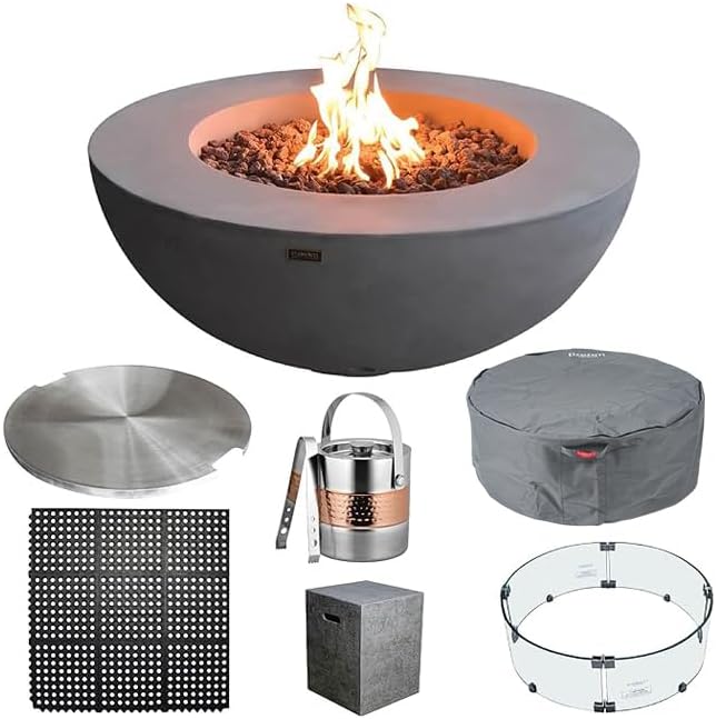 Elementi Lunar Bowl Fire Pit Bundle Outdoor Firepit Set Includes 42” Propane Concrete Firepit, Glass Windscreen, Stainless Steel Cover, Tank Cover, Canvas Cover, Floor Mat, Ice Bucket