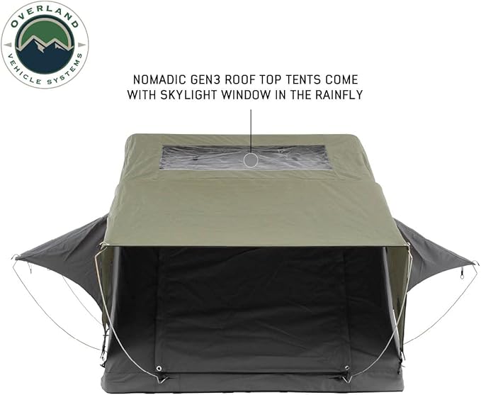 Overland Vehicle Systems HD Nomadic 3 Extended Soft Shell Roof Top Tent - Dark Gray Base with Green Rain Fly & Black 1000G PVC Travel Cover - Black Aluminum Base