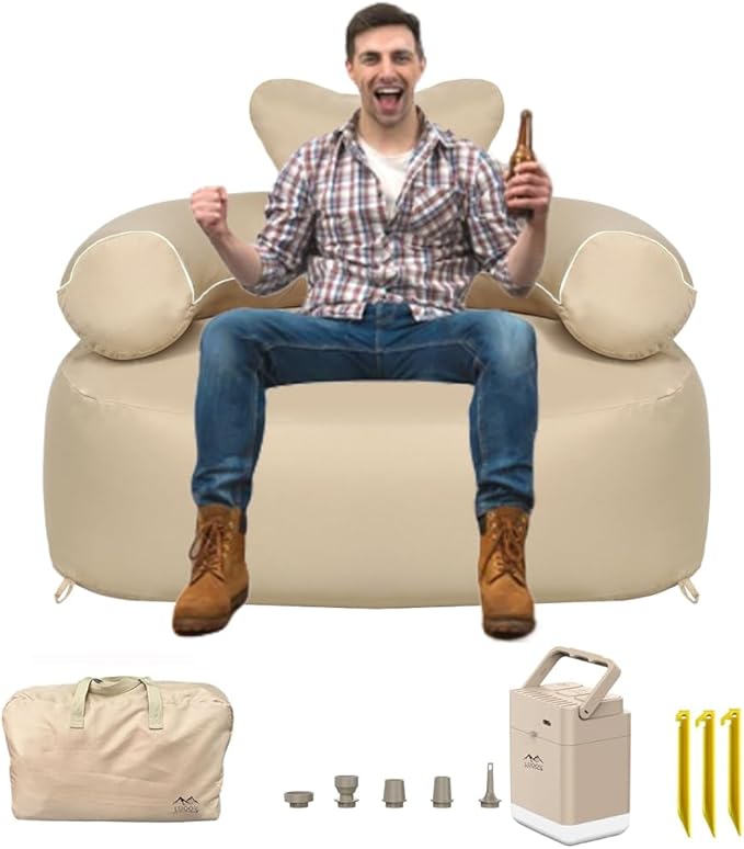 LUOOV Inflatable Couch Chairs Blow up Camp Sofa Camping Air Couch Sofa Inflatable Outdoor Furniture Chair Couch Lounger Air Sofa for Adult(Khaki Single)
