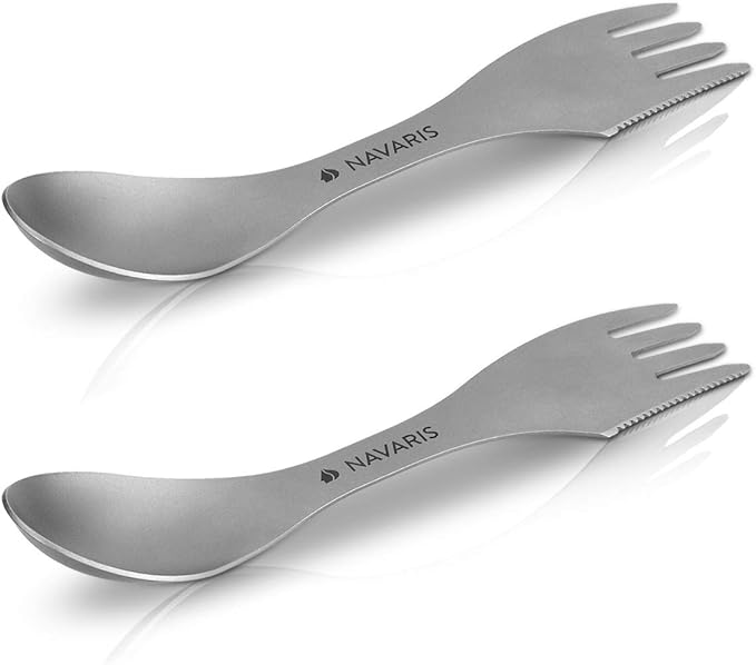Navaris Titanium Spork Camping Utensils (Set of 2) - 3-in-1 Fork, Spoon, Knife Cutlery Combo - Metal Silverware for Backpacking, Hiking, Outdoors