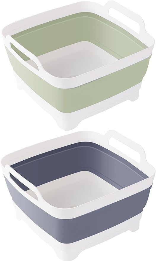 2 Pack Foldable Dish Tub-2 * 9L Dishpan for Washing Dish Tub-Foldable Wash Basin Bucket Portable Sink-Multiuse Collapsible Sink Tub Wash Dish Basin(Grey+Green)