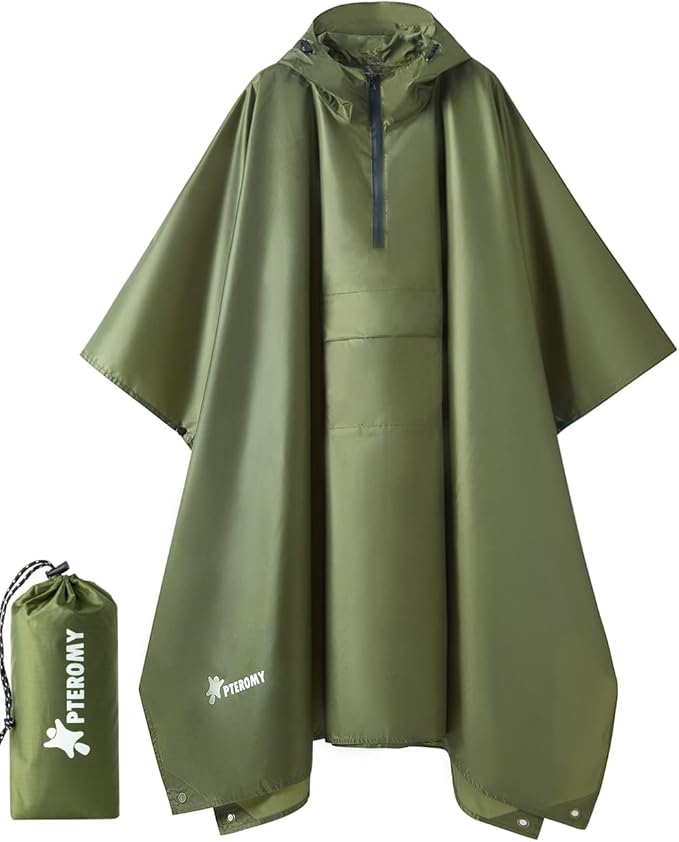 PTEROMY Hooded Rain Poncho for Adult with Pocket, Waterproof Lightweight Unisex Raincoat for Hiking Camping Emergency
