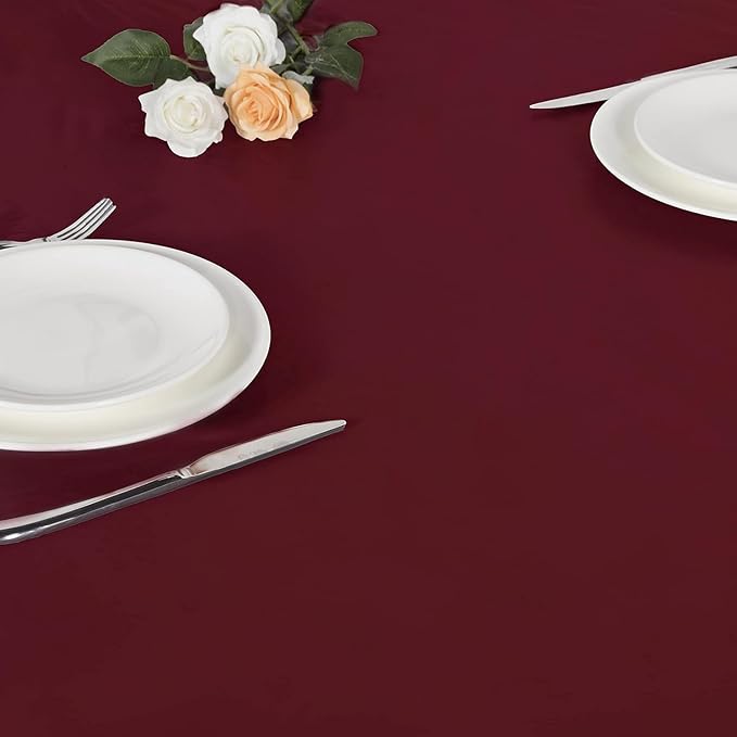 LUSHVIDA Round Waterproof Table Cover Elastic Tablecloth Vinyl Fitted Table Cloth Elastic Edged Plastic Table Cover,(Fits Tables up to 45"-56" R, Burgundy)