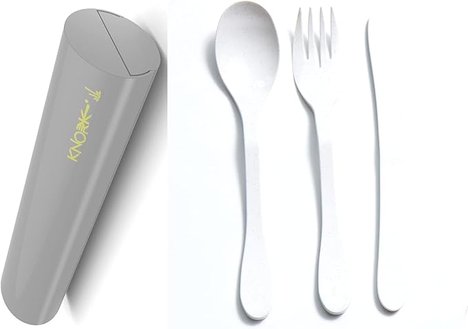 Knork Eco Astrik Plant Based Travel Set, 4 Piece (Eco Fork Knife Spoon With Carry Case, White and Gray