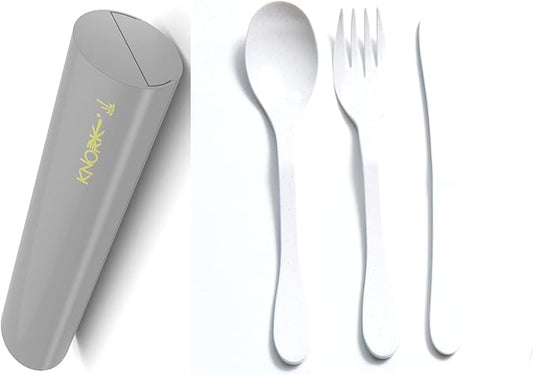 Knork Eco Astrik Plant Based Travel Set, 4 Piece (Eco Fork Knife Spoon With Carry Case, White and Gray