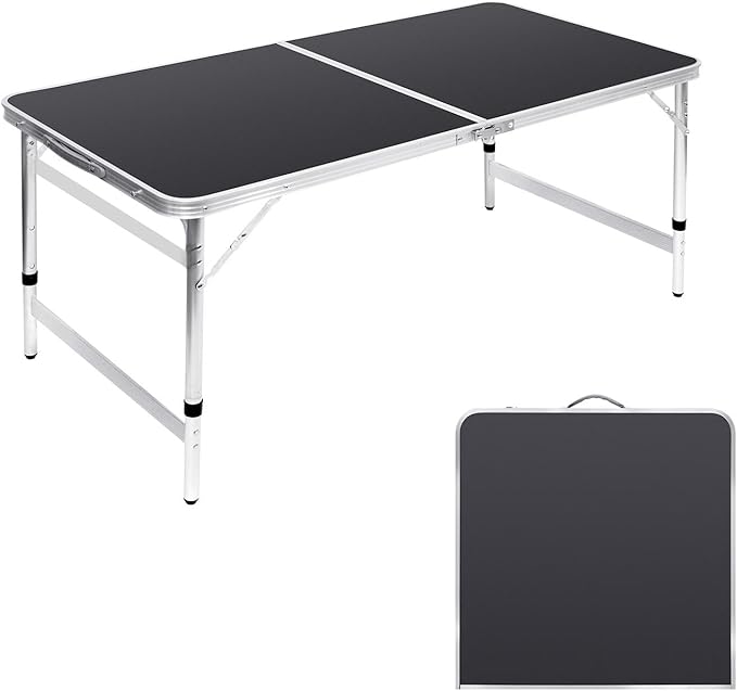 Folding Table Portable Picnic Table 4FT Camping Table Camp Table Black Aluminum Outdoor for Card BBQ 47×23.6×27/24/21 inch