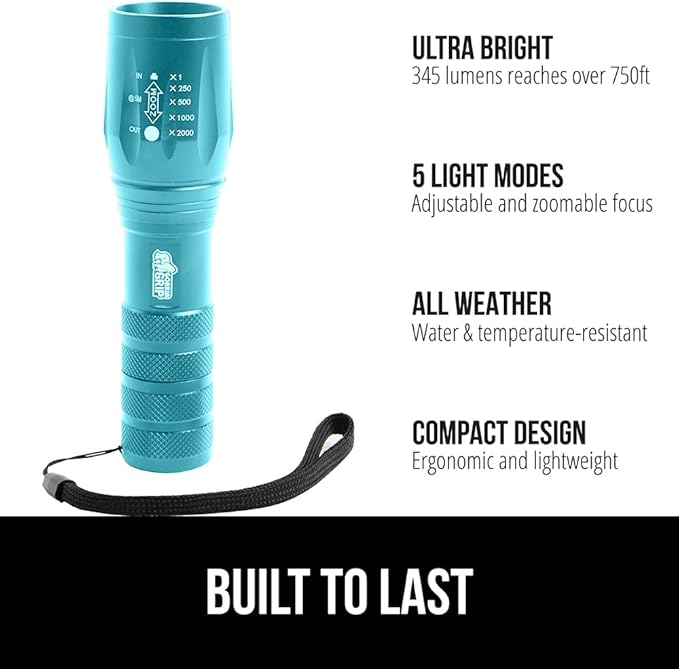 GORILLA GRIP Powerful LED Tactical Flashlight, 750 FT High Lumens 5 Adjustable Modes, Water Resistant, Ultra Bright Zoom Flashlights, Small Mini Flash Light, Camping, Night Dog Walking, Turquoise