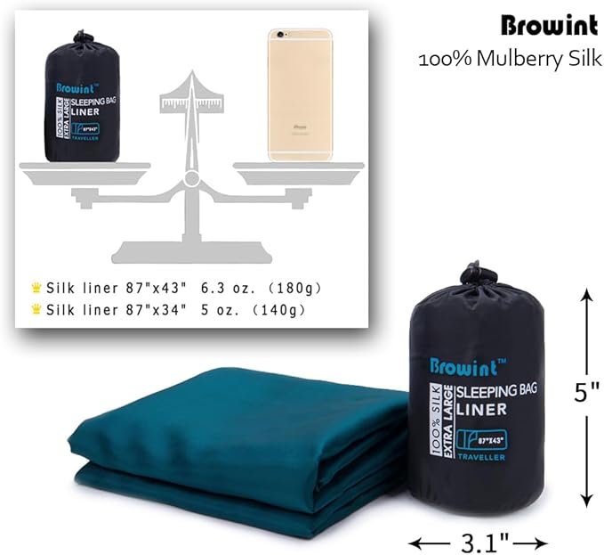 BROWINT Silk Sleeping Bag Liner, Silk Sleep Sack, Extra Wide 87"x43", Lightweight Travel Sheet for Hotels, More Colors for Option, Reinforced Gussets