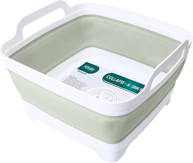 Collapsible Dish Basin with Drain Plug and Carry Handles - 9L Capacity, Portable Sink Tub for Camping and RV