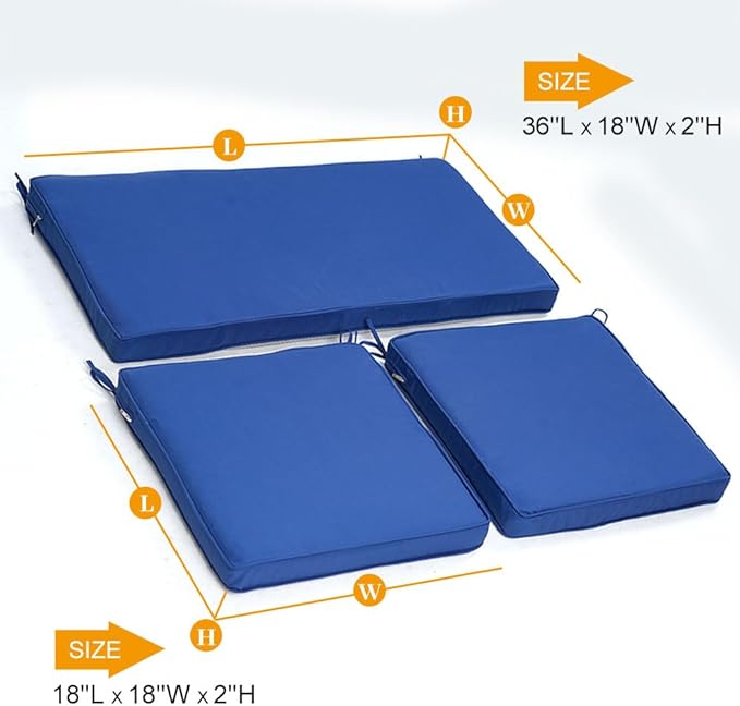 3-Pack Outdoor Patio Furniture Replacement Cushions Set–High-Elastic Sponge Cushions Fit 4-Piece Wicker Rattan Sofa, Loveseat & Chairs, 36x18x2 & 18x18x2, Waterproof, Fade-Resistant (Navy blue)