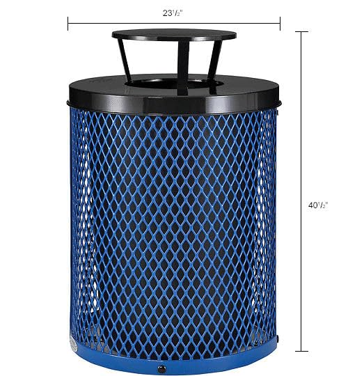 Global Industrial Outdoor Diamond Steel Trash Can with Rain Bonnet Lid and Plastic Liner, 36 Gallon Capacity, Blue, Thermoplastic Coating, 23-1/2" Diameter, 40-1/2"H