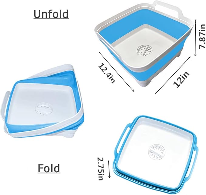 9L (2.4Gallon) Dish Basin Collapsible with Drain Plug Carry Handles , Space Saveing Kitchen Storage Tray Dish Wash Basin, Portable Dish Tub for Camping ,RV,Blue