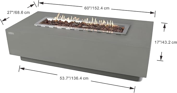 Elementi | Bundle Granville Gas Fire Pit Cast Concrete 60" Rectangular Fire Table, Outdoor Fire Pit Electronic Ignition | Canvas Cover, Lava Rock Included | Light Gray (Propane Gas)