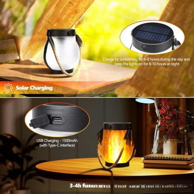 Solar Lantern Outdoor lamp - Waterproof Type Solar Flame lamp Can be Hung and Features Dancing Flames. Hemp Rope Suspended Flame Lantern, Dual Charging Mode, Smoke-Free (2PC)