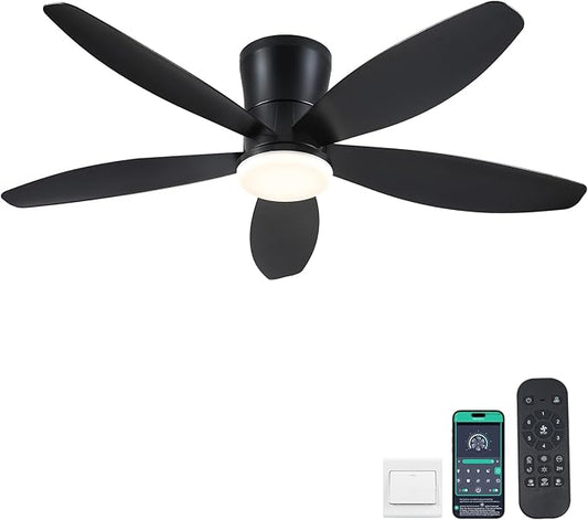 48" Ceiling Fans with Lights-Low Profile Ceiling Fan with Light and Remote/APP Control,Flush Mount,DC Reversible,LED Dimmable Blakc Ceiling Fans for Bedroom,Indoor/Outdoor Patio Use