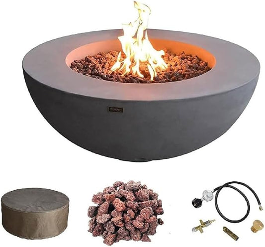 Elementi | Lunar Gas Fire Pit Cast Concrete 42" Round Fire Table, Outdoor Fire Pit Electronic Ignition | Canvas Cover, Lava Rock Included | Light Gray (Propane Gas)