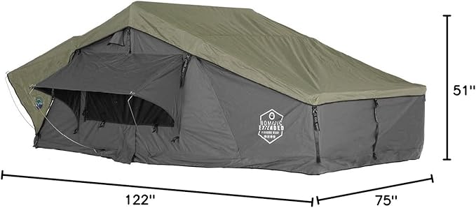 Overland Vehicle Systems HD Nomadic 4 Extended Soft Shell Roof Top Tent - Dark Gray Base with Green Rain Fly & Black 1000G PVC Travel Cover - Black Aluminum Base