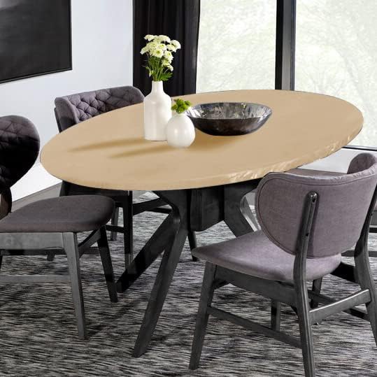 LUSHVIDA Round Waterproof Table Cover Elastic Vinyl Fitted Tablecloth Elastic Edged Plastic Table Cloth (Champagne, Best for Up to 36"-44" Round)