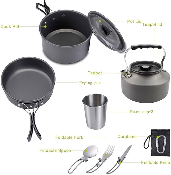 Camping Cookware Set Lightweight Portable Pot Pan Kettle Cups Spoon Fork Cutter with Carry Bag for Camping, Backpacking, Outdoor Cooking and Picnic