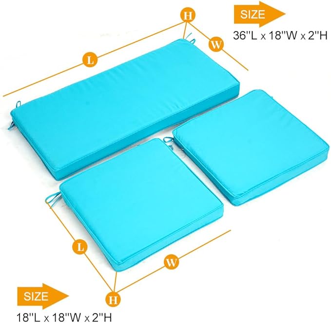 3-Pack Outdoor Patio Furniture Replacement Cushions Set–High-Elastic Sponge Cushions Fit 4-Piece Wicker Rattan Sofa, Loveseat & Chairs, 36x18x2 & 18x18x2, Waterproof, Fade-Resistant (Lake blue)