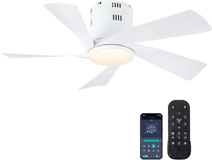 36" Flush Mount Ceiling Fan - White Low Profile Ceiling Fans with Lights and Remote/APP, 6 Speeds and Reversible 5 Fan Blades, Indoor Modern Ceiling Fan LED Light for Bedroom, Small Spaces