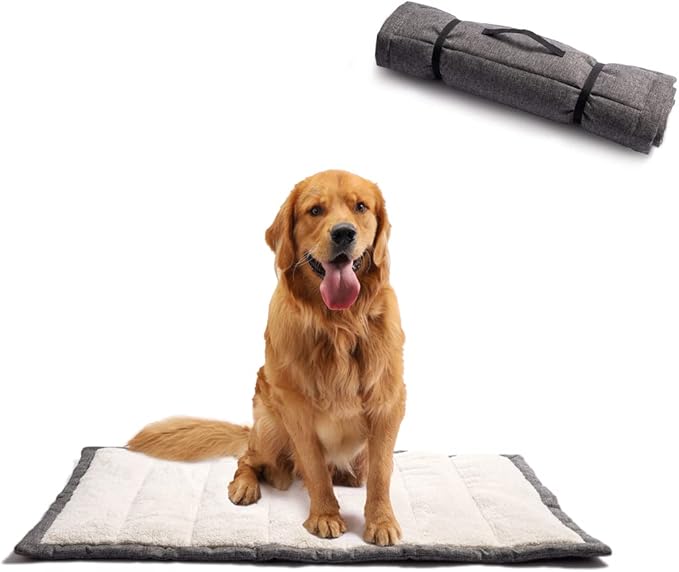 Outdoor Dog Bed, Portable Travel Mat, Rollup Pet Camping Gear, Crate Pad with Carry Handles for Large Dogs, Super Soft, Machine Washable, 42 * 28' Grey