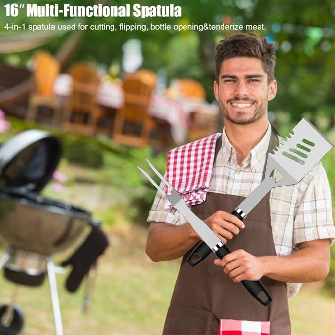 31pcs BBQ Grill Accessories Set for Men Dad, Heavy Duty Grilling Tools Gifts for Fathers Day, Stainless Steel BBQ Utensils Kit with Mats, Grill Brush in Carrying Bag Black