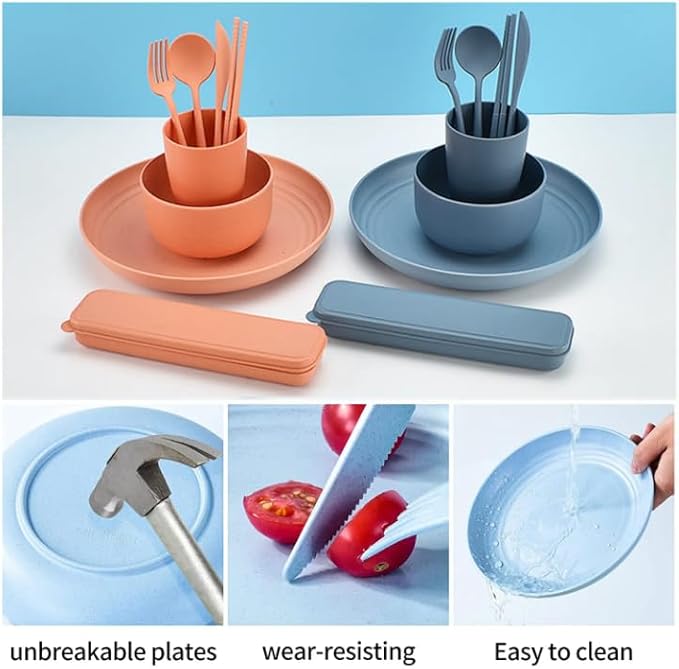 Unbreakable Wheat Straw Dinnerware Set for 4 (32 PCS) – Microwave & Dishwasher Safe – BPA-Free – Lightweight Plates, Bowls & Cups for Camping, Kids & Everyday Use