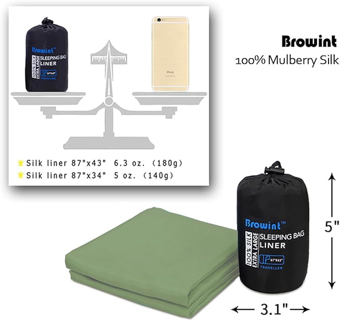 BROWINT Silk Sleeping Bag Liner, Silk Sleep Sack, Extra Wide 87"x43", Lightweight Travel Sheet for Hotels, More Colors for Option, Reinforced Gussets