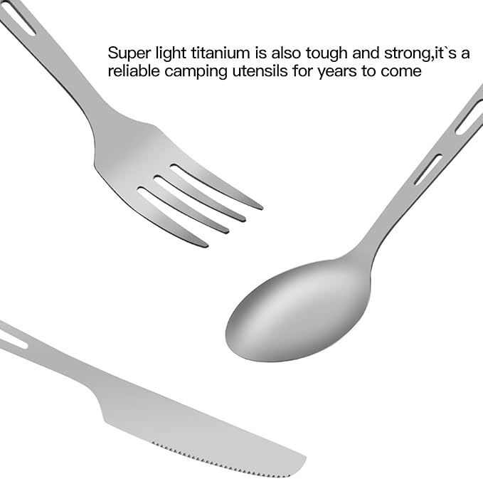 Titanium Camping Utensil Set Lightweight Titanium Flatware Knife Fork Spoon with Carrying Bag for Traveling Picnic Hiking