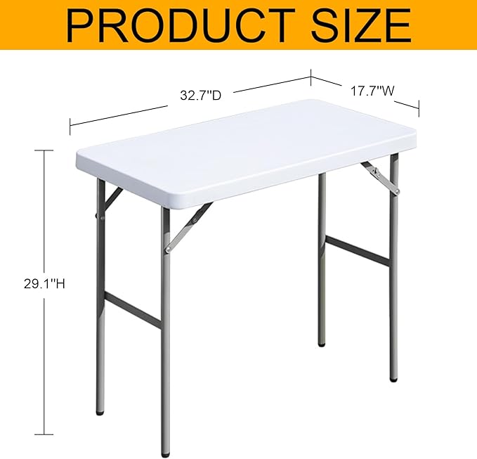 Folding Table 2.7ft Rectangular All-Occasion Plastic Folding Event Table for Indoor and Outdoor, Portable Desk, Camping, Durable and Stable, HDPE and Steel, Wide Application, White