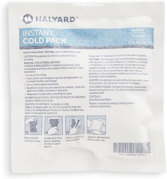 HALYARD Instant Cold Pack Disposable Cold Compress Ice Packs w/Flocking for Swelling Injuries Toothaches Sprains Strains 6 X 6.5 Inches, 24 Packs Per Case - 51778