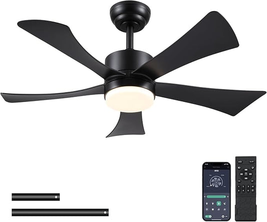 42 inch Ceiling Fans with Lights, Modern Black Ceiling Fan with Remote Control App, DC Motor Quiet, 3CCT Dimmable Memory, Led Sloped Flat Ceiling Fan with Light for Bedroom Indoor&Outdoor Patio