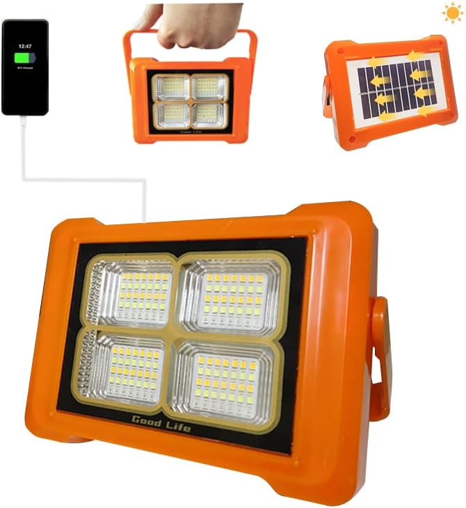 Portable LED Solar Rechargeable Work Light IP66, 6 Lighting Modes, Rechargeable Floodlight for Outdoor Power Outage Emergency, Bicycle Maintenance, Camping Hiking, Family Emergency Lights