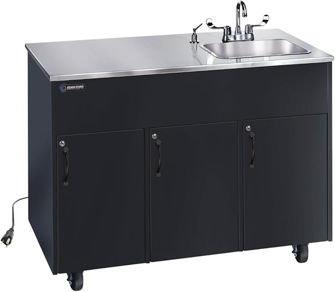 Ozark River Portable Sinks, Advantage S1D, Black Laminate Cabinet-Stainless Countertop, Hot Water Hand Washing Station with Countertop & Storage Space, Self Contained Sink, Portable Hand Washing Sink