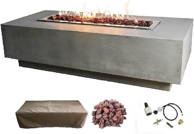 Elementi | Granville Gas Fire Pit Cast Concrete 60" Rectangular Fire Table, Outdoor Fire Pit Electronic Ignition | Canvas Cover, Lava Rock Included | Light Gray (Propane Gas)