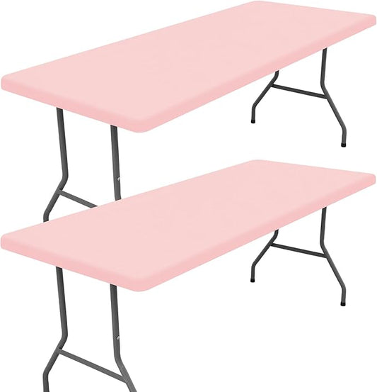 Spandex Picnic Table Cloth 2 Pack, Elastic Fitted Tablecloths for 6 Foot Rectangle Tables, Stretch Washable Patio Table Cover for Outdoor, Camping, Banquet and Parties (Pink, 30"x72")