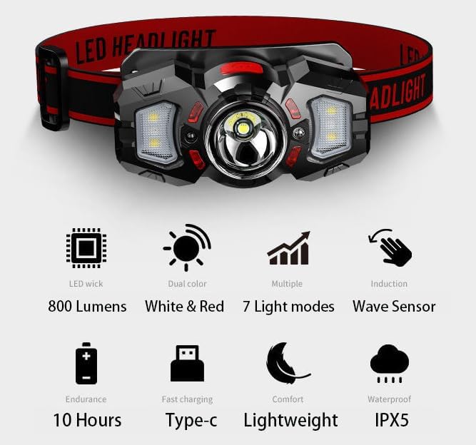 Headlamp, White&Red LED Headlamp, 70° Up&Down Adjustable, 4 Clips, Motion Switch, 800 Lumens, 500 Feet Distance and 10 Hours Running Time MAX, IPX5 Waterproof, for Camping, Hiking, Fishing