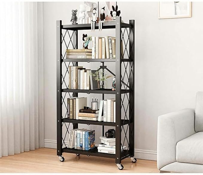 4-Tire Storage Rack, 28*13*63.8in Foldable Metal Garage Storage Shelves Organizer, Portable Metal Kitchen Shelving, Closet Shelving Unit Bakers Rack Microwave Stand, Black(Tiered Shelf-5)